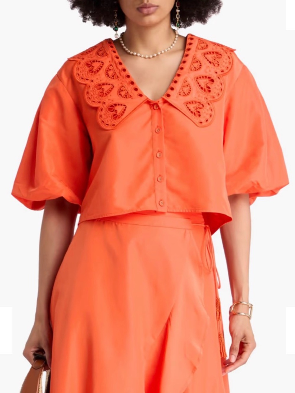 FARM Rio Cropped Broderie Taffeta Top - Medium